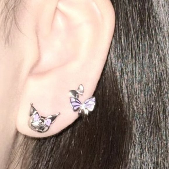 Kuromi Stud Earrings Silver Kuromi & Bow with Purple Enamel & Rhinestone on Bow - Picture 5 of 6